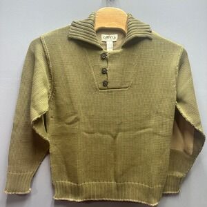 Orvis Mens Large Olive Green Cotton Shaker Knit Button Neck Sweater Elbow Patch